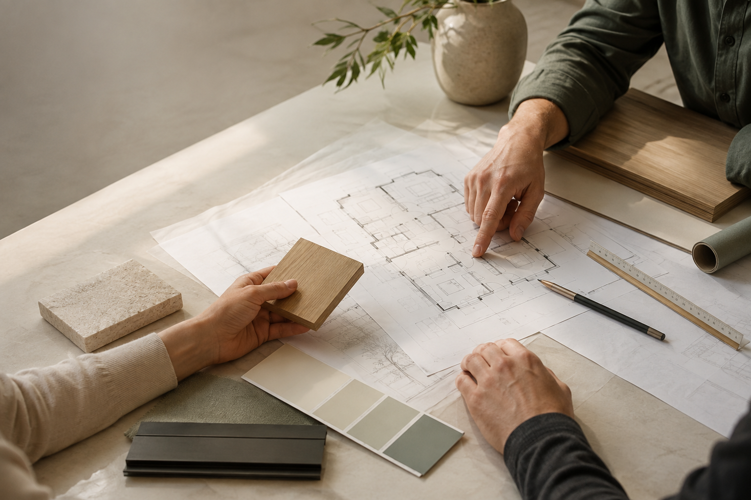A custom home planning meeting with plans and material samples
